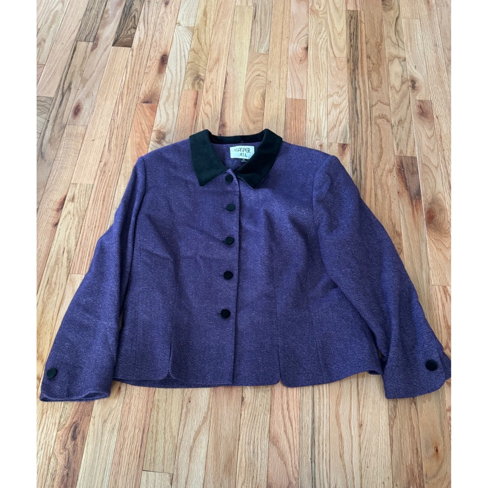 Kasper ASL Womens 18 Purple Wool Silk Tweed Blazer Black Velvet Collar Jacket